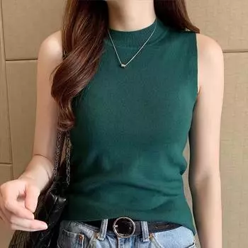 Модная повседневная трикотажная футболка для женщин, весна-лето, ледяной шелк, однотонная основа, без рукавов, женские элегантные облегающие футболки с круглым вырезом 26221 One size белый