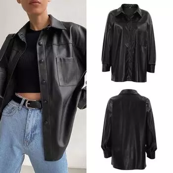 Модная повседневная женская черная кожаная куртка 2024 года, новая матовая рубашка из искусственной кожи для улиц S чёрный