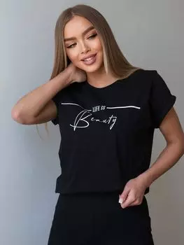 Модная повседневная женская футболка с принтом, хлопковые футболки с круглым вырезом и короткими рукавами S чёрный