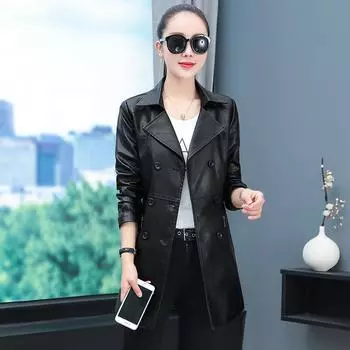 Модная повседневная женская кожаная куртка с воротником и длинным рукавом M чёрный