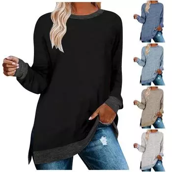 Модная повседневная женская однотонная футболка с длинными рукавами и круглым вырезом L чёрный