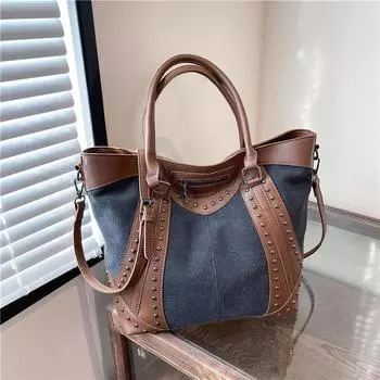 Модная повседневная женская сумка большой вместимости, сумка для поездок на работу, новая джинсовая сумка через плечо с прострочкой чёрный