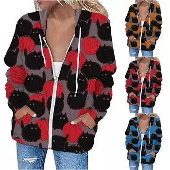 Модная повседневная женская толстовка с капюшоном и короткими рукавами на молнии с принтом на Хэллоуин S жёлтый