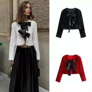 Модная праздничная куртка с завязками спереди и пайетками для женщин Y2K блестящее шикарное укороченное пальто женское элегантное длинное рукава женская верхняя одежда для вечеринок XS чёрный