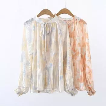 Модная прессованная плиссированная женская блузка с длинным рукавом и воротником-бабочкой, шифоновая рубашка, женские элегантные свободные повседневные топы 29343 S бежевый