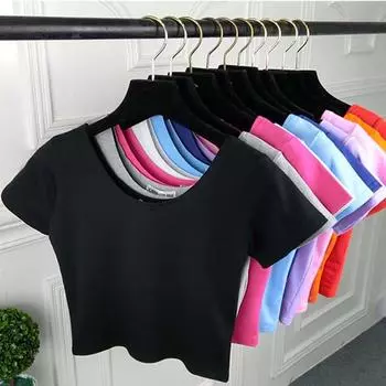 Модная простая популярная футболка с U-образным вырезом, однотонная хлопковая женская сексуальная футболка с короткими рукавами для девочек S чёрный