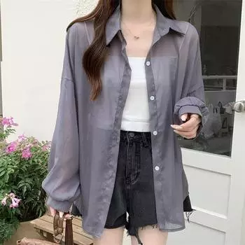 Модная прозрачная повседневная рубашка с солнцезащитным кремом, женская свободная блузка, однотонные топы, летняя тонкая одежда с отложным воротником 26469 One Size светло-синий