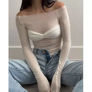 Модная прозрачная сексуальная женская футболка с длинным рукавом с разрезом на шее, женские футболки, уличная одежда, тонкие топы Y2K, белые футболки Blusas 24803 S орион