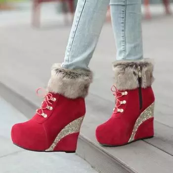 Модная прямая поставка, размер плюс 43, модная российская зимняя обувь на танкетке, ботильоны для женщин, теплые ботинки на платформе, высокие каблуки, зимние ботинки для женщин 34 жёлтый