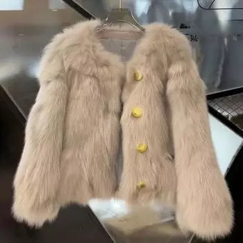Модная пушистая женская шуба из искусственного меха, роскошная короткая куртка из меха кролика, свободная однобортная толстая теплая женская плюшевая шуба, новая S бежевый