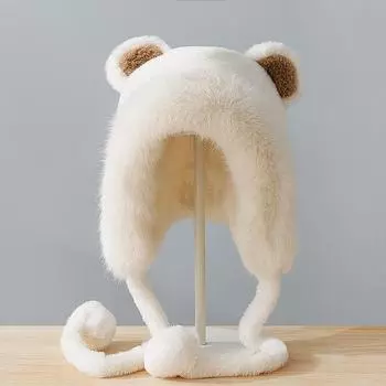 Модная пушистая зимняя шапка с помпоном, теплая защитная шапка с медвежьими ушками, утолщенная, симпатичная, вязаная шапка для женщин хаки