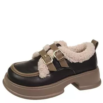модная японская кожаная обувь для женщин, зимняя, новый стиль, мех плюс бархат, толстая подошва, повышенная нескользящая хлопковая обувь, лоферы в британском стиле 35 чёрный