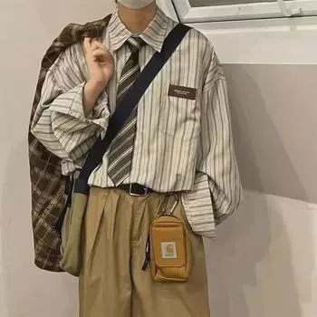 «Модная японская мужская рубашка с длинным рукавом»: Молодежный, гармоничный по цвету, простой весенний стиль. XL зелёный