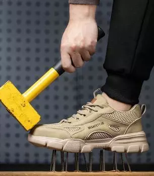 Модная рабочая обувь, дышащие ботинки со стальным носком, легкая защитная рабочая обувь, нескользящая, для мужчин и женщин, мужские рабочие кроссовки 37 хаки