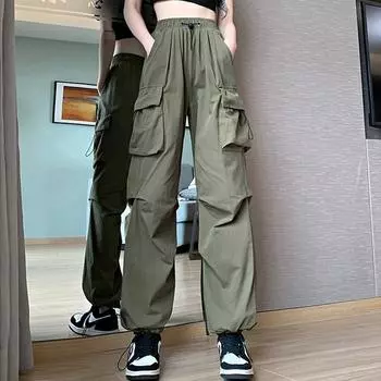 Модная рабочая одежда Брюки-карго с леггинсами на шнурке Свободные повседневные длинные широкие брюки с высокой талией Плиссированные спортивные брюки 508 S чёрный