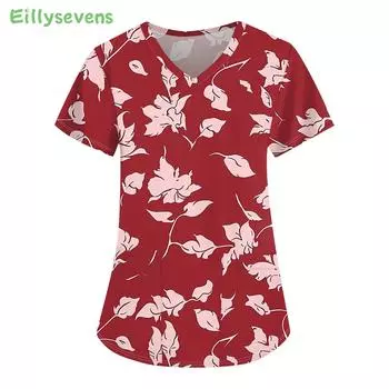Модная рабочая одежда для медсестер Модная узкая женская блузка с рисунком для медсестры с V-образным вырезом Топы Ropa De Mujer Ofertas S