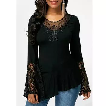 Модная расклешенная кружевная блузка с длинным рукавом, женская с круглым вырезом, нерегулярные элегантные топы, длинные рубашки Mujer, полая футболка с цветочным принтом 24974