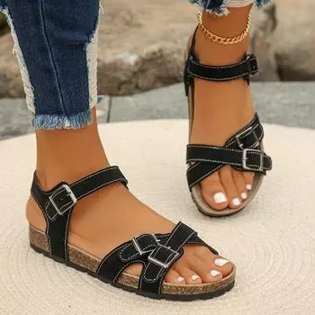 Модная распродажа женской обуви 2024 года, летние женские сандалии с металлической пряжкой на плоской подошве, нескользящие и износостойкие модные римские туфли 36 коричневый