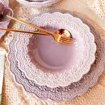 Модная рельефная обеденная тарелка в стиле ретро, фиолетовые креативные керамические тарелки, глубокая суповая миска, салатницы, бытовая утварь