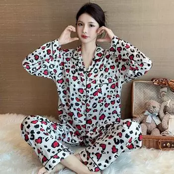 Модная ретро белая леопардовая красная сердечная женская пижама литературная романтическая красивая домашняя одежда новая весенне-осенняя одежда для сна L белый