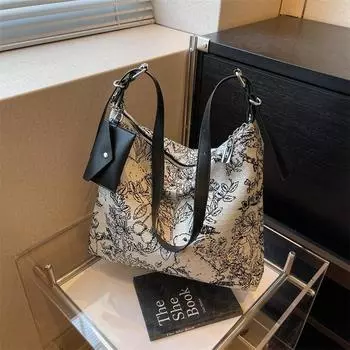 Модная ретро-печать Модная чернильная печать Большая сумка через плечо на одно плечо большой емкости чёрный