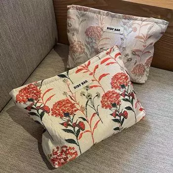 Модная ретро-сумка для макияжа с цветочным принтом, большая вместимость, портативная сумка для хранения кистей для макияжа, помады, BB, CC-крема, женская косметичка