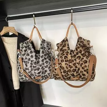 Модная ретро-сумка с плюшевым принтом для женщин с леопардовым принтом, большая вместимость, сумка-мессенджер через плечо, модная сумка-тоут чёрный