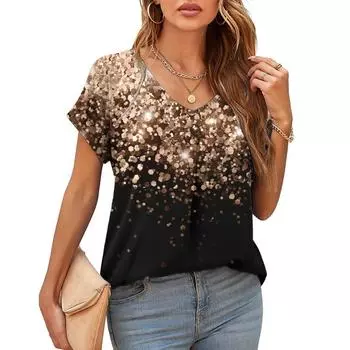 Модная роскошная футболка со звездным принтом и V-образным вырезом для женщин, женские топы с коротким рукавом, свободные летние повседневные блузки, женские дизайнерские футболки S