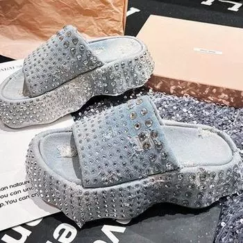 Модная роскошная женская обувь 2024 года, новые корейские модные женские тапочки на толстой подошве, повседневные и универсальные черные джинсовые современные тапочки 35 синий