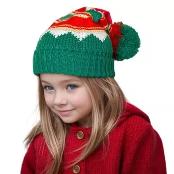 Модная рождественская шапка с помпоном для девочек, рождественский подарок, зимняя теплая вязаная шерстяная шапка для детей
