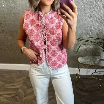 Модная розовая набивная хлопковая двухсторонняя куртка, милое свободное пальто без рукавов в стиле ретро для женщин, новый короткий повседневный жилет на бретелях в уличном стиле S розовый