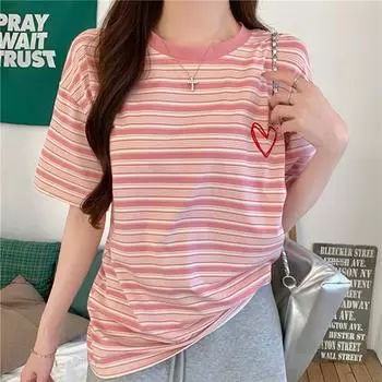 Модная розовая полосатая повседневная свободная базовая футболка 2025 года, летние простые футболки с коротким рукавом для женщин, футболка harajuku Kawaii для студентов, топы y2k M розовый