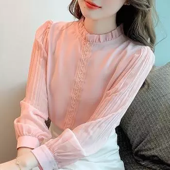 Модная розовая шифоновая блузка с длинным рукавом и воротником-стойкой, женские топы J297 S розовый