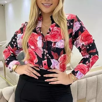 Модная рубашка с цветочным принтом на пуговицах, элегантная офисная женская одежда, топы, милая блузка с V-образным вырезом и длинным рукавом, Blusas Mujer De Moda 25461 S чёрный