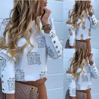 Модная рубашка с длинным рукавом и принтом ананаса, женская элегантная повседневная блузка с круглым вырезом, женская одежда, простые винтажные офисные женские топы 24194 S