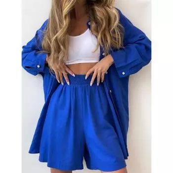 Модная рубашка с длинным рукавом и свободные широкие шорты, комплекты женских пуговиц, весна-осень, эластичная талия, повседневные шорты, костюм, наряды, элегантная одежда 1083 S белый