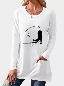 Модная рубашка с длинным рукавом с принтом, женские топы с круглым вырезом и карманом, свободный топ на весну и осень S белый