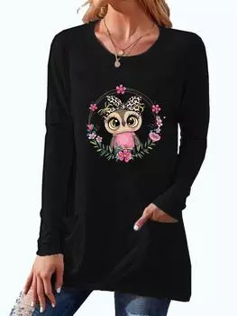 Модная рубашка с длинным рукавом с принтом, женские топы с круглым вырезом и карманом, свободный топ на весну и осень S белый