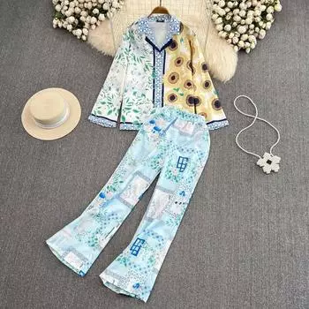 Модная рубашка с длинными рукавами и принтом ленивого подсолнуха, тонкие широкие брюки с высокой талией, костюм из двух предметов