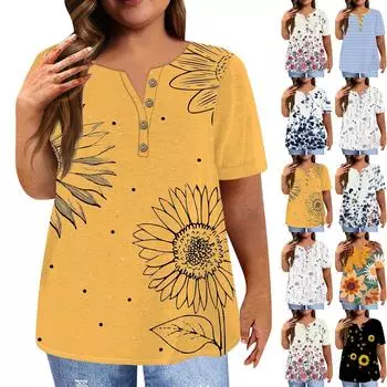 Модная рубашка с коротким рукавом, круглая шея, футболка больших размеров, повседневные топы с принтом для женщин L чёрный