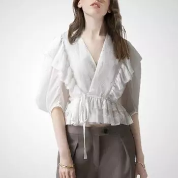 Модная рубашка с оборками, V-образным вырезом, из хлопка и льна White XL