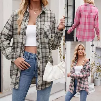 Модная рубашка свободного покроя в стиле ретро с воротником, клетчатый кардиган с длинными рукавами и карманом, модные женские рубашки S тёмно-синий