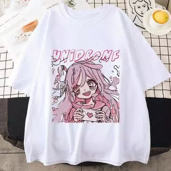 Модная рубашка, свободные женские рубашки с рисунком аниме, летняя футболка с круглым вырезом и короткими рукавами, свободные корейские топы, одежда, футболка с аниме XS розовый