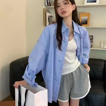 Модная рубашка в синюю полоску, топ, женская весенняя новая корейская блузка с вышивкой букв, свободный дизайн, повседневный топ с длинными рукавами M синий