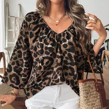 Модная рубашка весна/лето с леопардовым принтом, рубашка с коротким рукавом и V-образным вырезом, пуловер, топ S разноцветный