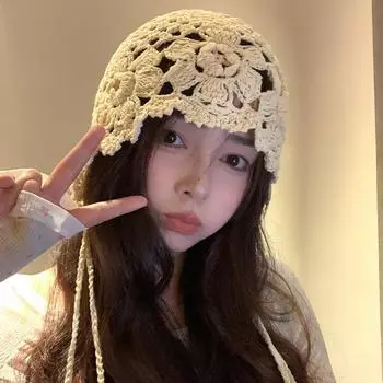 Модная ручная работа, ажурная шапка Баотоу, женская вязаная крючком шапка в этническом стиле с кисточками и ремешком на рукаве M56-58cm