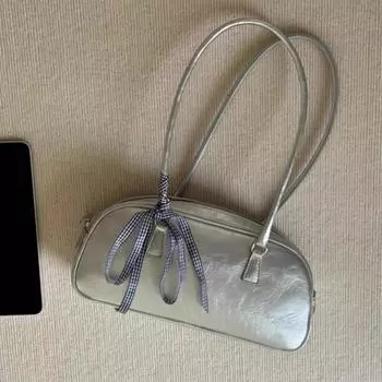 Модная серебряная кожаная женская сумка на плечо, повседневная корейская стильная модная элегантная сумка, эстетичная женская изысканная новая сумка под подмышками 31X14cm чёрный