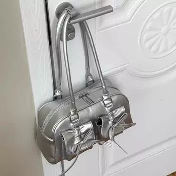 Модная серебряная плиссированная женская сумка через плечо, элегантная, нежная, корейская модная кожаная сумка с бантом, милая, новая, простая женская сумка Boston 30X17X10cm чёрный