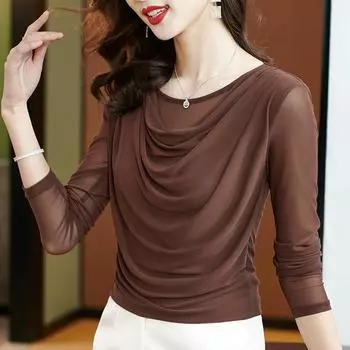 Модная сетчатая футболка с круглым вырезом и ворсистым воротником в стиле вестерн, модная универсальная рубашка большого размера с длинными рукавами XXXXL чёрный