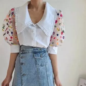 Модная сетчатая лоскутная женская блузка с вышивкой, темпераментная офисная женская рубашка с пышными рукавами, повседневные летние топы, блузка One Size белый